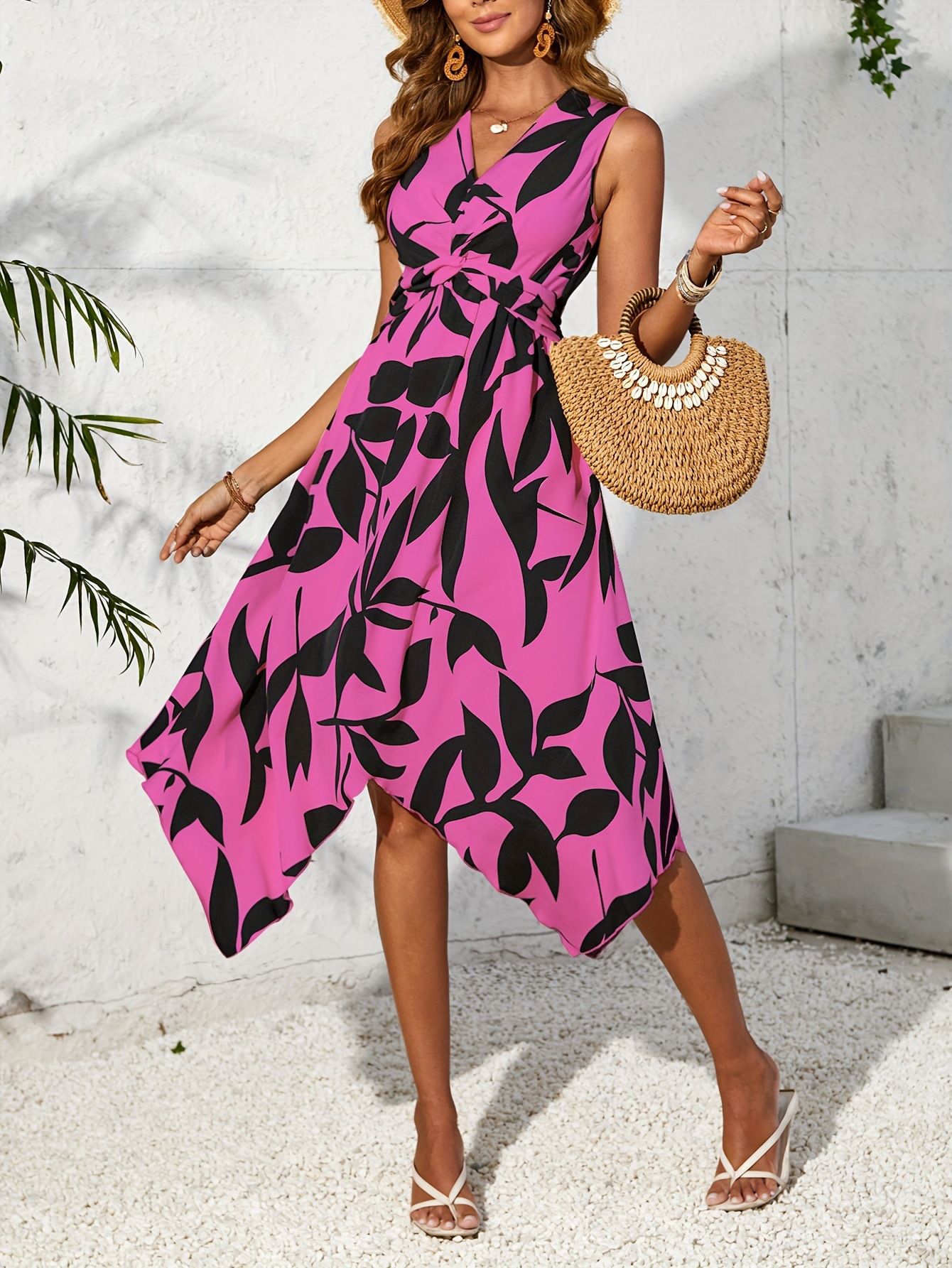 Beach Women Midi Dress Summer Asymmetrical New Maxi Long One Piece DressLeaf Printed Elegant Casual Hem Dress Vestidos Female