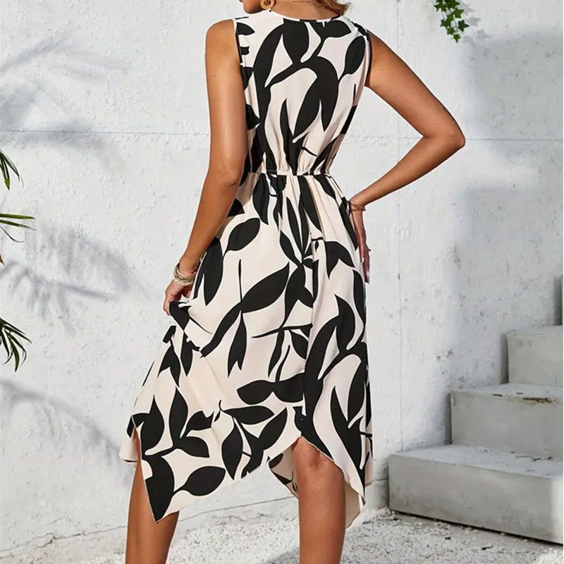Beach Women Midi Dress Summer Asymmetrical New Maxi Long One Piece DressLeaf Printed Elegant Casual Hem Dress Vestidos Female