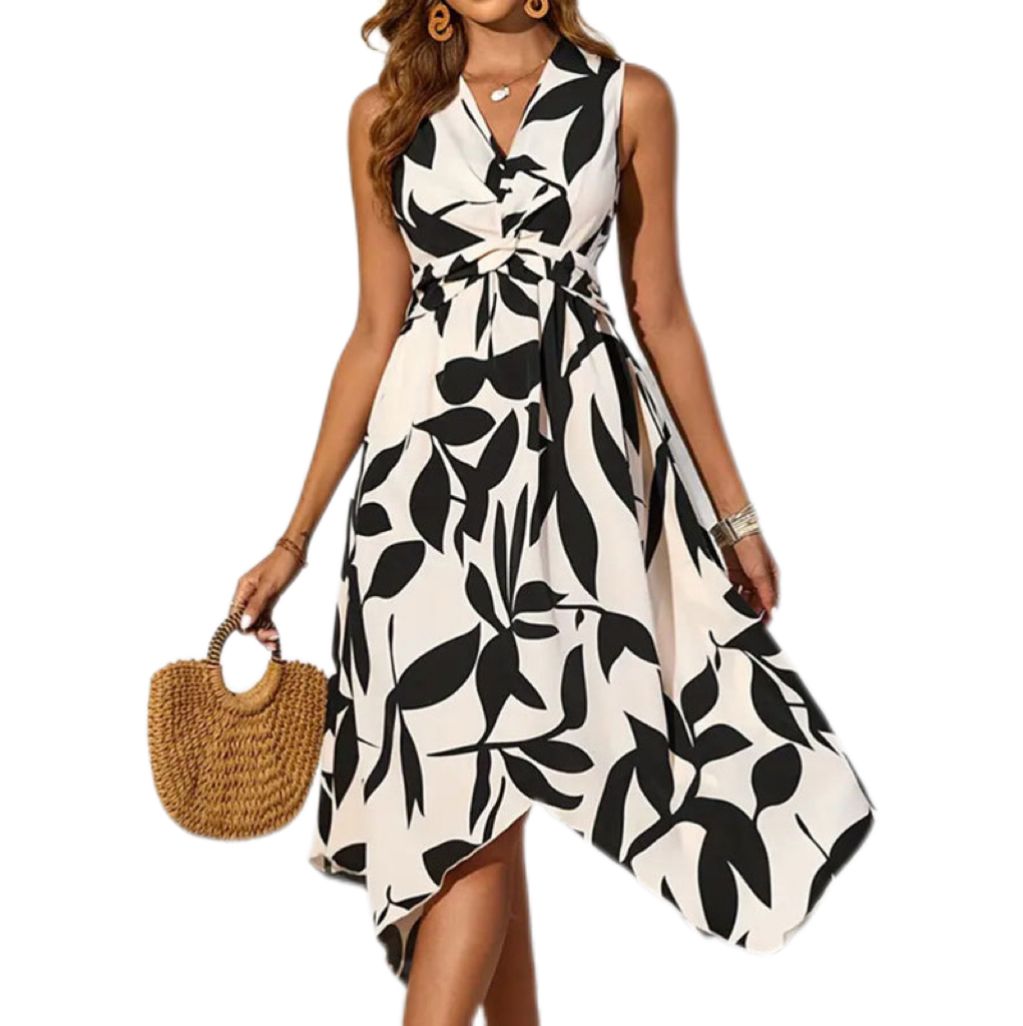 Beach Women Midi Dress Summer Asymmetrical New Maxi Long One Piece DressLeaf Printed Elegant Casual Hem Dress Vestidos Female