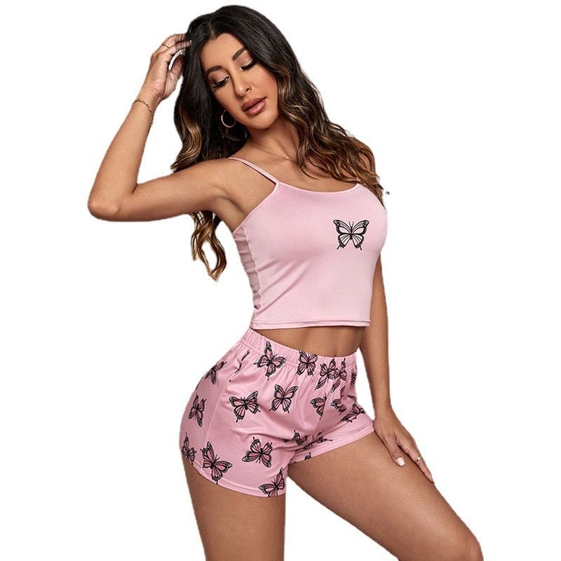 Two Pieces Summer Sexy Pajamas Butterfly Print Cami Pajamas Set Fashion Sexy Home Ladies Underwear Vest Shorts Pijamas