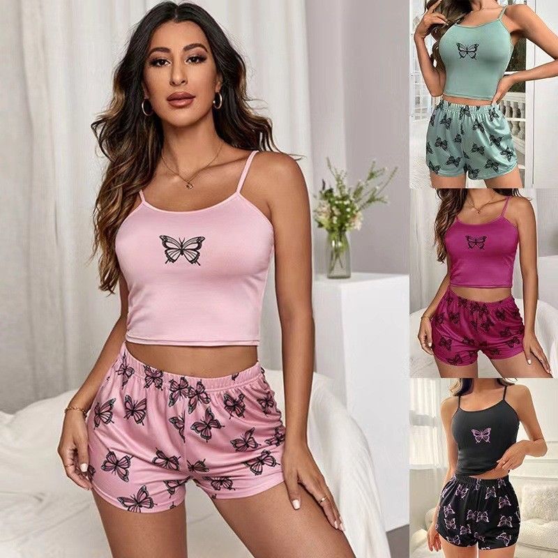 Two Pieces Summer Sexy Pajamas Butterfly Print Cami Pajamas Set Fashion Sexy Home Ladies Underwear Vest Shorts Pijamas