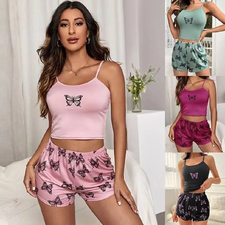 Two Pieces Summer Sexy Pajamas Butterfly Print Cami Pajamas Set Fashion Sexy Home Ladies Underwear Vest Shorts Pijamas