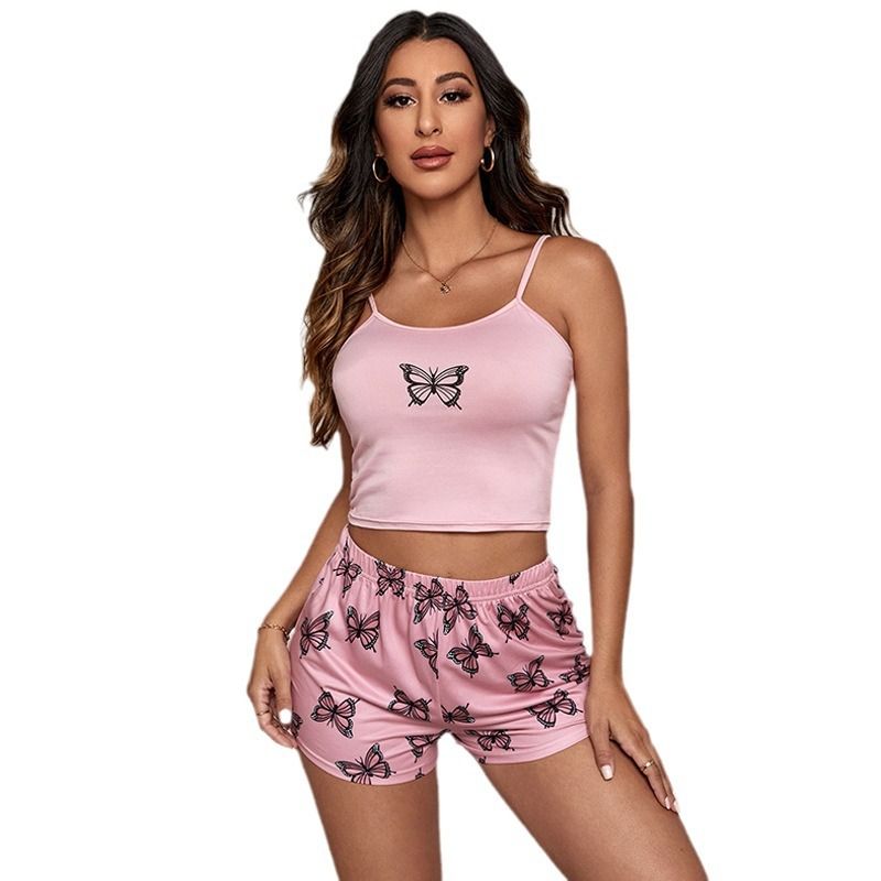 Two Pieces Summer Sexy Pajamas Butterfly Print Cami Pajamas Set Fashion Sexy Home Ladies Underwear Vest Shorts Pijamas