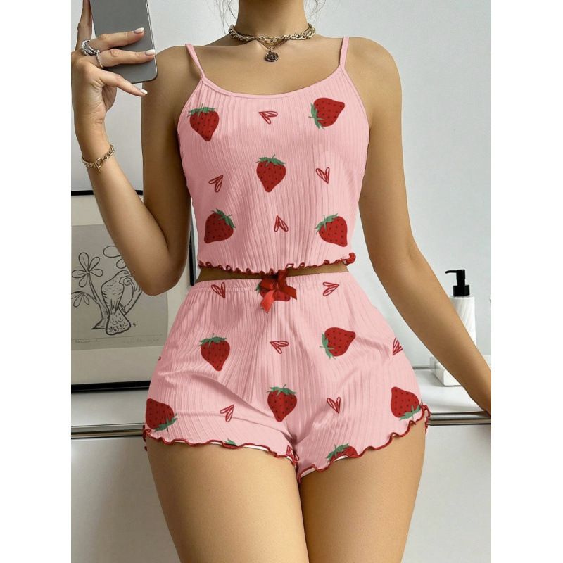 Women's Cozy 2-Piece Ribbed Pajama Set - Adorable Strawberry Heart Print Camisole & Shorts Home Loungewear