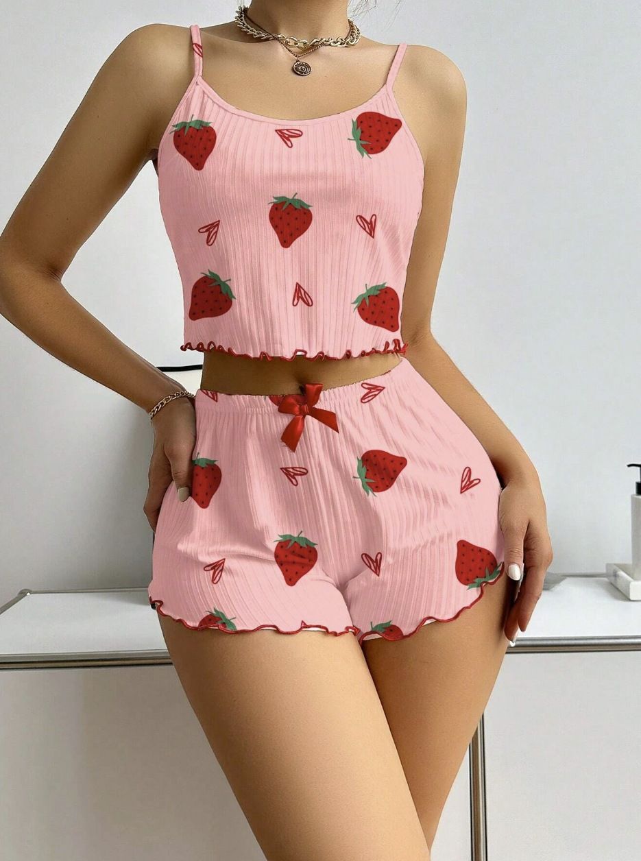 Women's Cozy 2-Piece Ribbed Pajama Set - Adorable Strawberry Heart Print Camisole & Shorts Home Loungewear