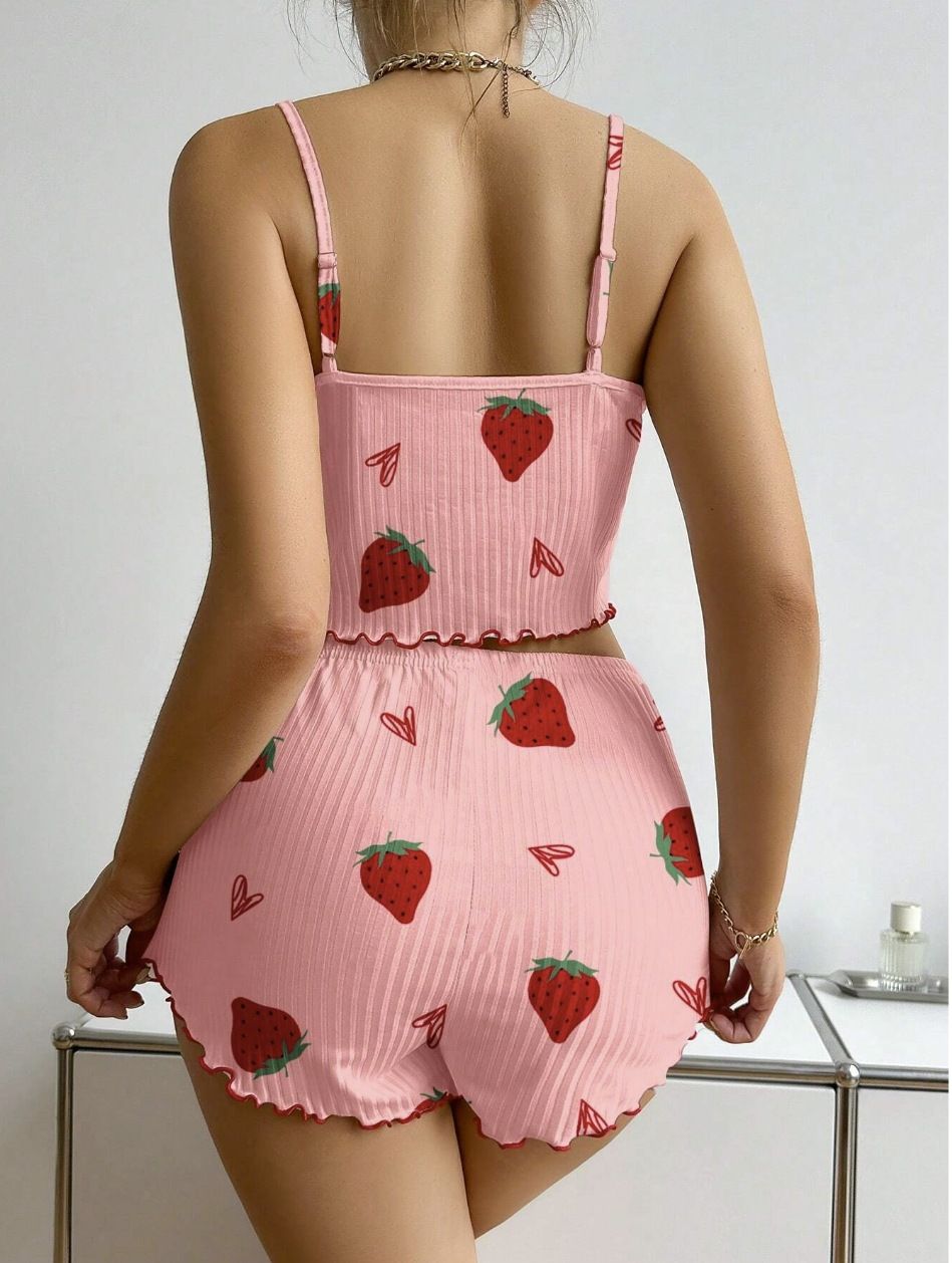 Women's Cozy 2-Piece Ribbed Pajama Set - Adorable Strawberry Heart Print Camisole & Shorts Home Loungewear