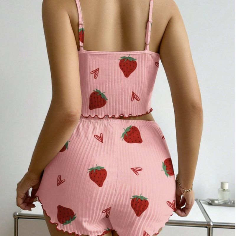 Women's Cozy 2-Piece Ribbed Pajama Set - Adorable Strawberry Heart Print Camisole & Shorts Home Loungewear