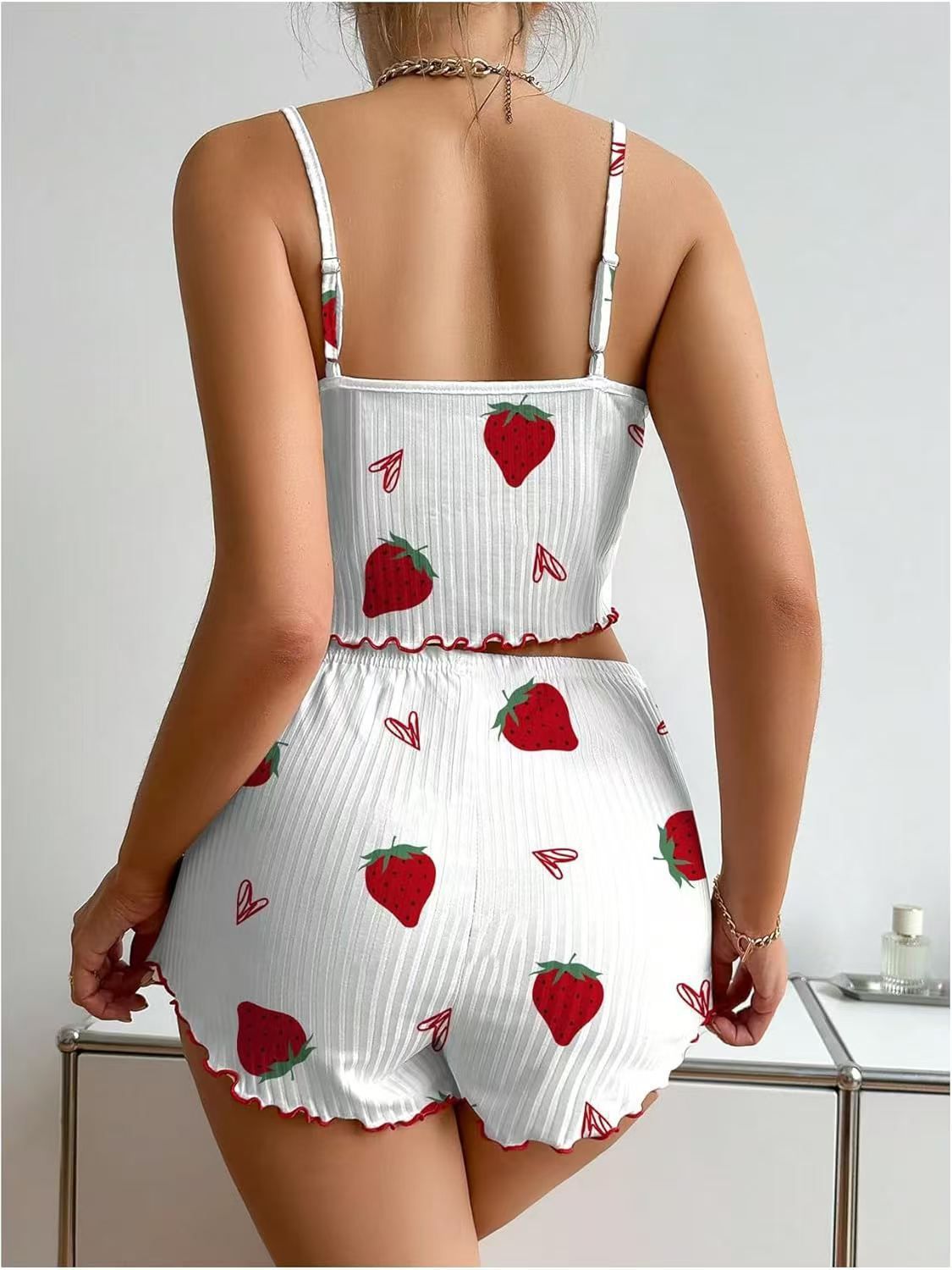 Women's Cozy 2-Piece Ribbed Pajama Set - Adorable Strawberry Heart Print Camisole & Shorts Home Loungewear