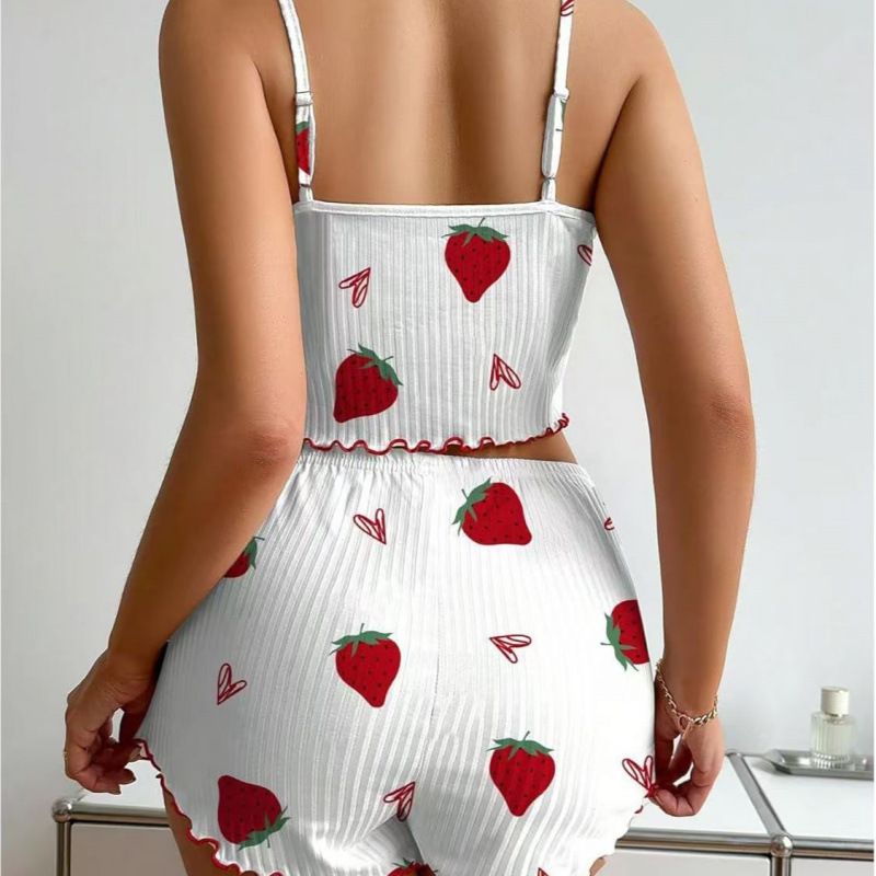 Women's Cozy 2-Piece Ribbed Pajama Set - Adorable Strawberry Heart Print Camisole & Shorts Home Loungewear