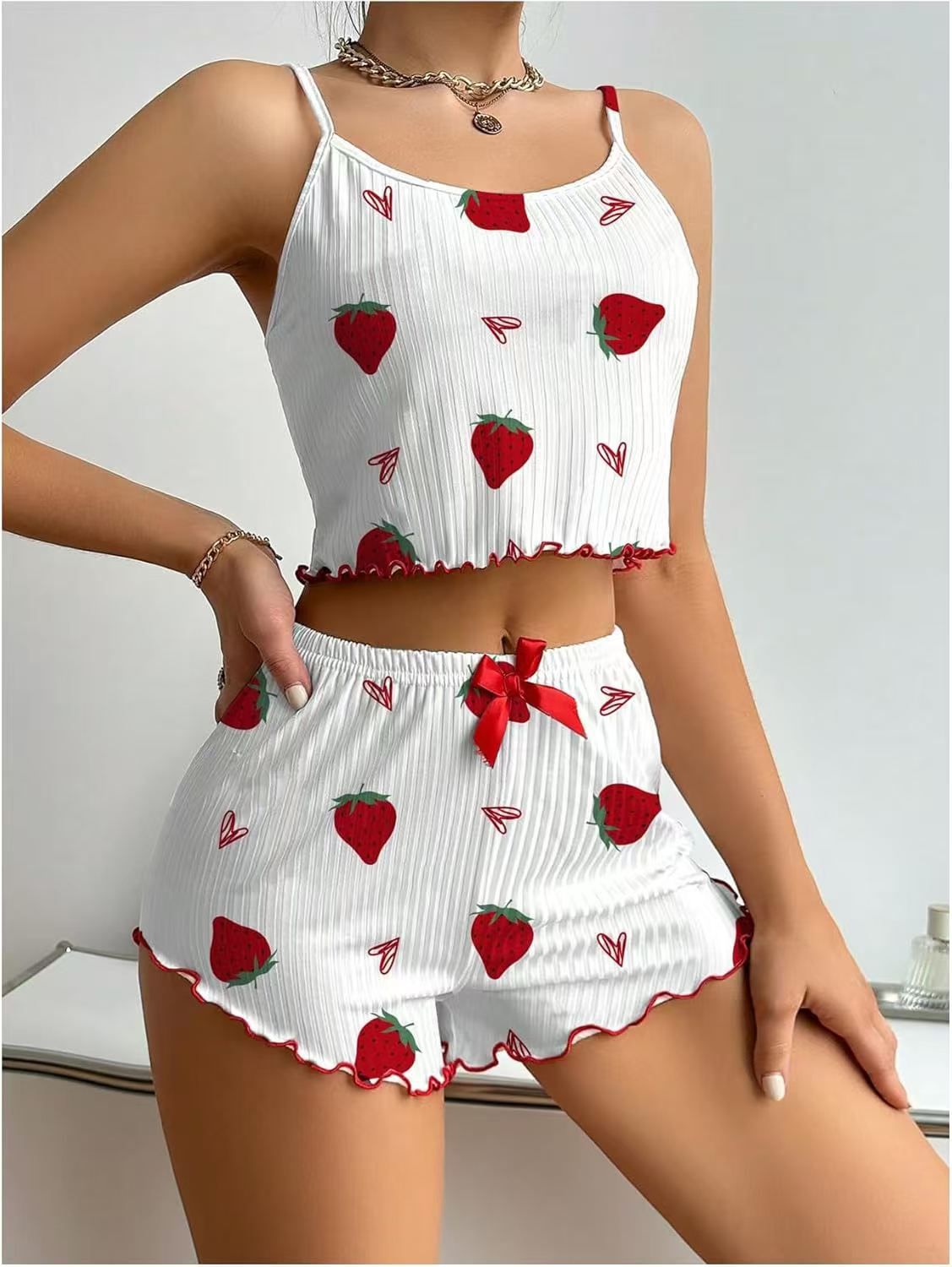 Women's Cozy 2-Piece Ribbed Pajama Set - Adorable Strawberry Heart Print Camisole & Shorts Home Loungewear
