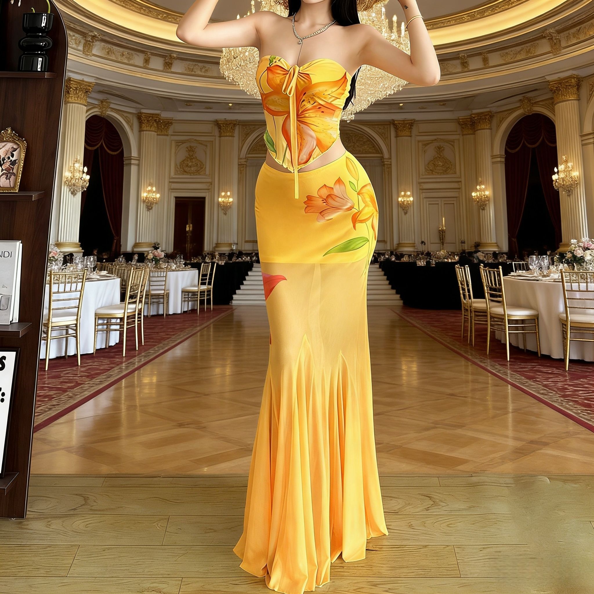 Trendy Elegant Yellow Strapless Vibrant Floral Print Cutout Waist Mermaid Party Dress for African Women – Perfect for Weddings, Banquets & Festive Gatherings