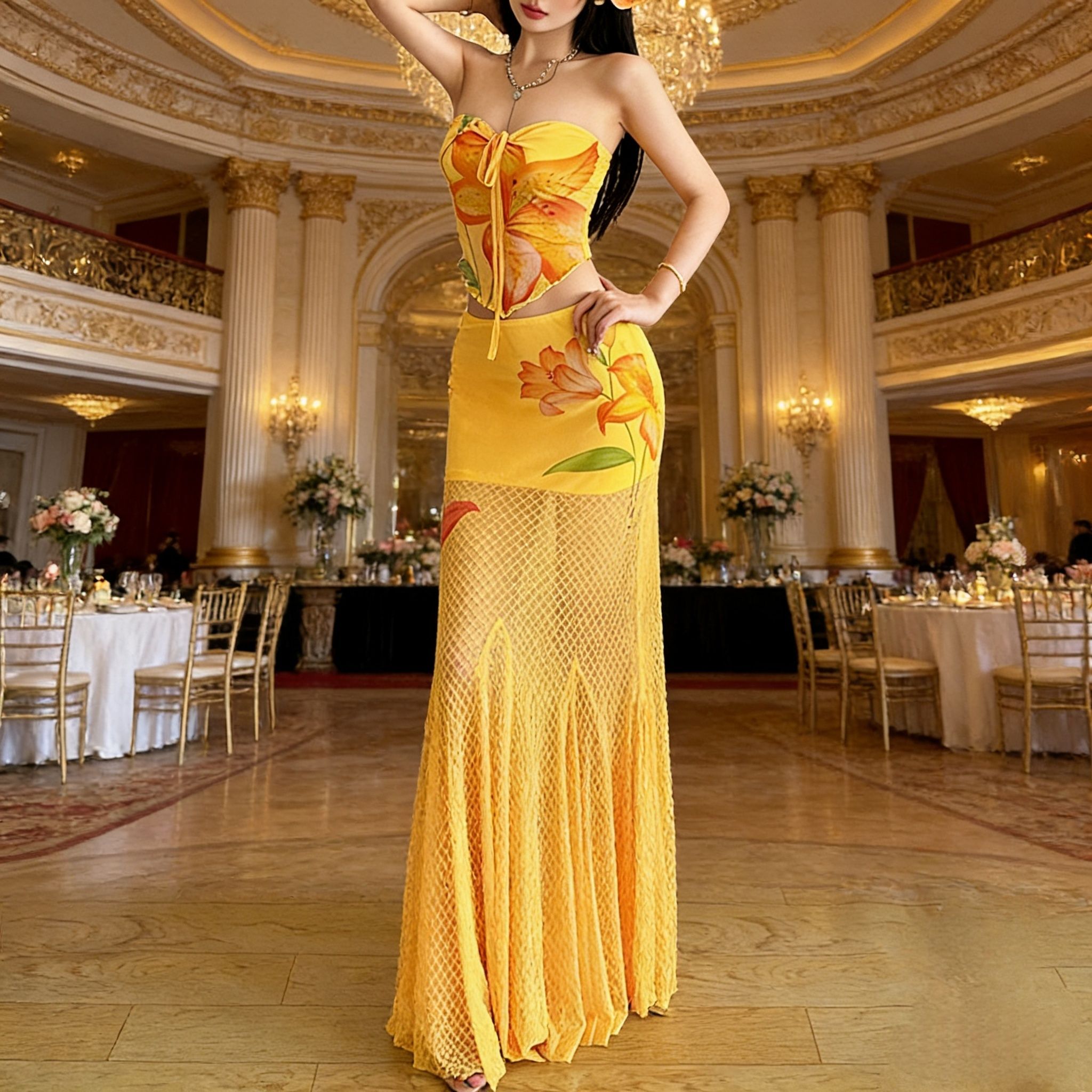 Trendy Elegant Yellow Strapless Vibrant Floral Print Cutout Waist Mermaid Party Dress for African Women – Perfect for Weddings, Banquets & Festive Gatherings