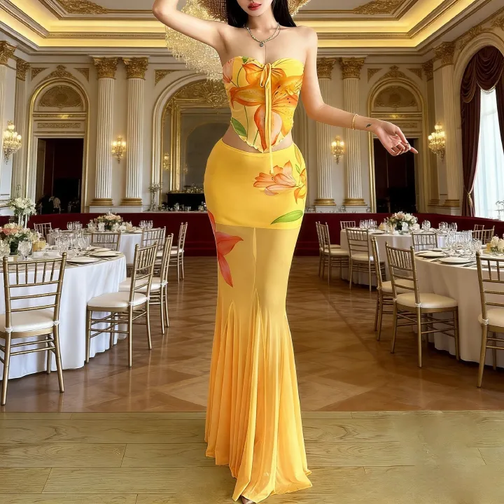 Trendy Elegant Yellow Strapless Vibrant Floral Print Cutout Waist Mermaid Party Dress for African Women – Perfect for Weddings, Banquets & Festive Gatherings