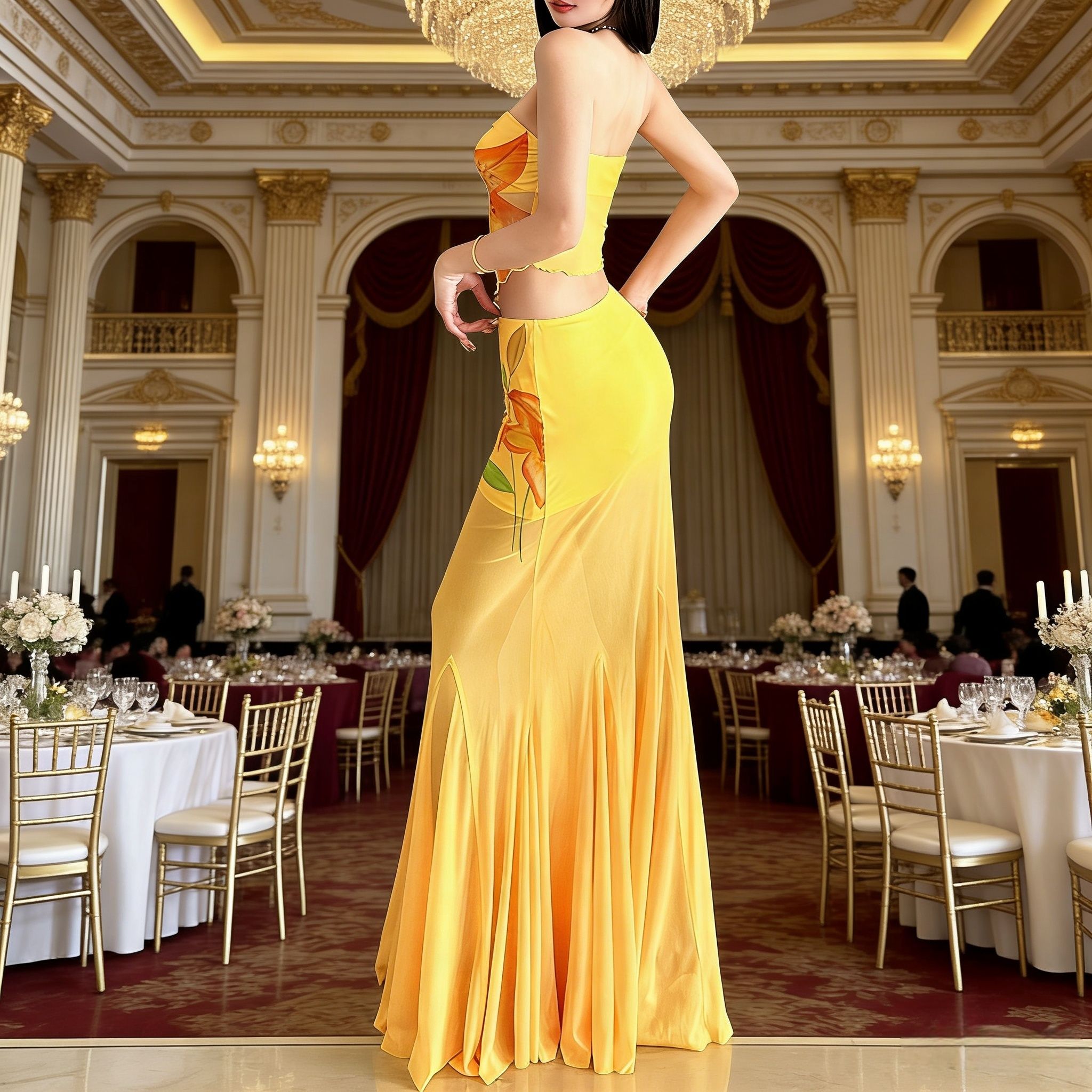 Trendy Elegant Yellow Strapless Vibrant Floral Print Cutout Waist Mermaid Party Dress for African Women – Perfect for Weddings, Banquets & Festive Gatherings