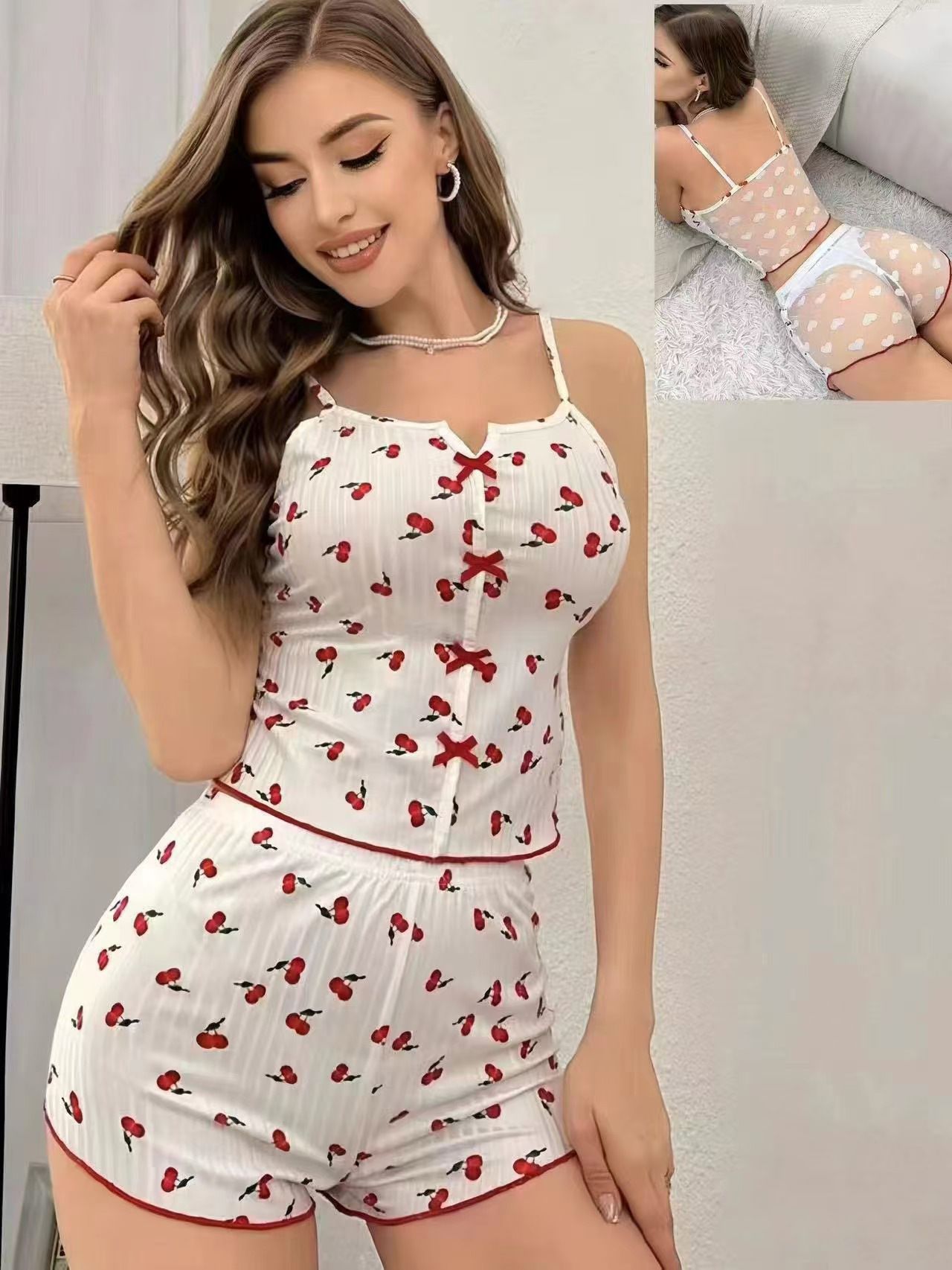 Western Fashion Ribbed Loungewear Set - Cherry/Heart/Flower Print Camisole & Shorts, Versatile Wearable-Outside Casual Pajamas, Cozy Hot-Selling Style