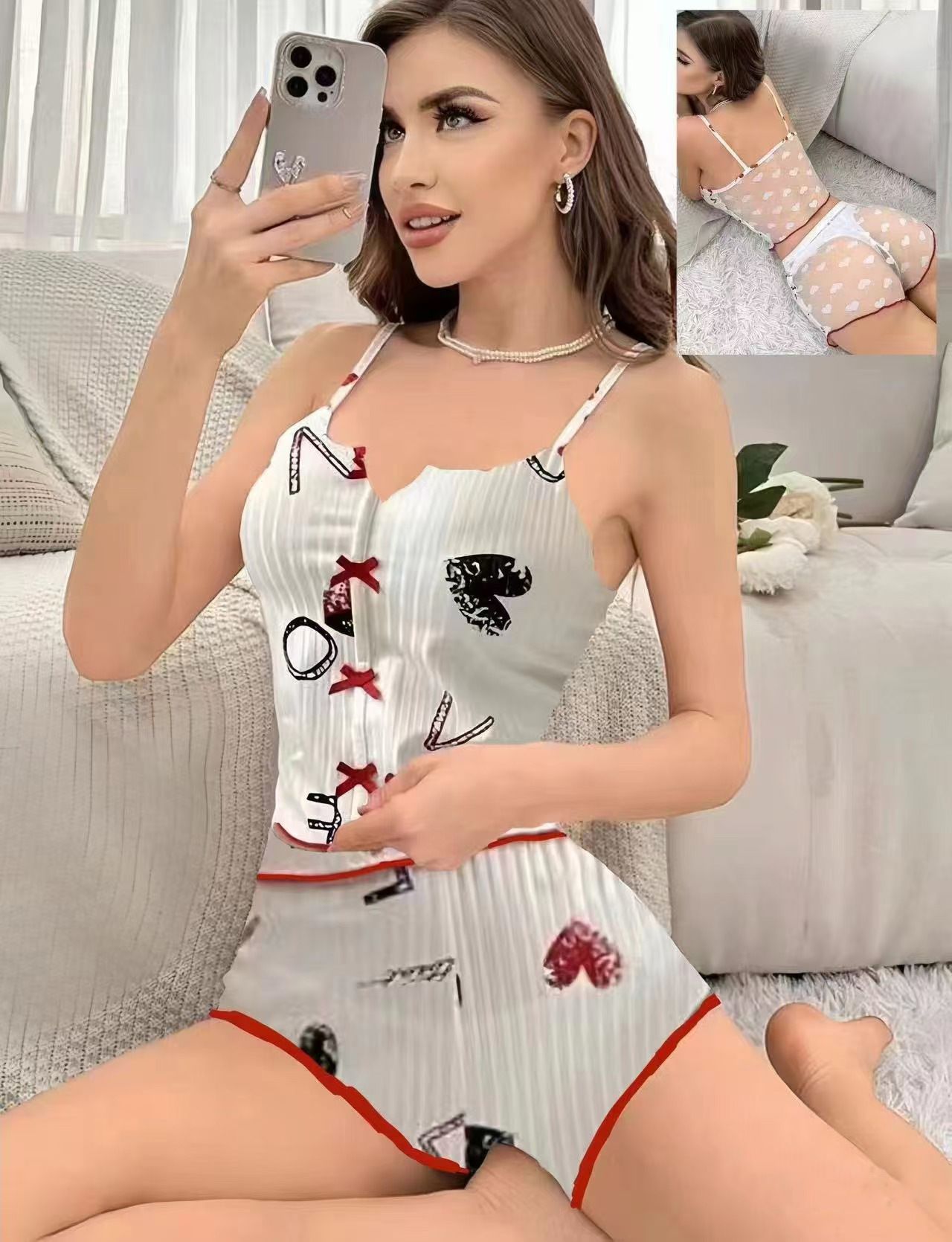 Western Fashion Ribbed Loungewear Set - Cherry/Heart/Flower Print Camisole & Shorts, Versatile Wearable-Outside Casual Pajamas, Cozy Hot-Selling Style