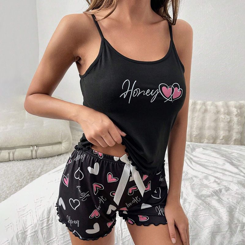 Women's Summer Milk Silk Satin Pajamas Set - Spaghetti Strap Top & Shorts Soft French Style Cute Print Loungewear Sleepwear