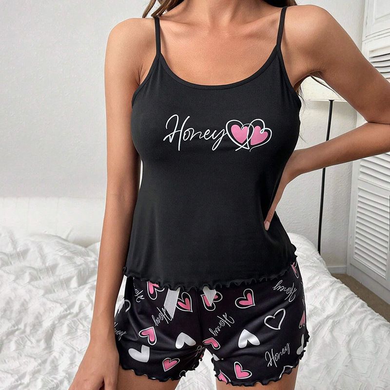 Women's Summer Milk Silk Satin Pajamas Set - Spaghetti Strap Top & Shorts Soft French Style Cute Print Loungewear Sleepwear
