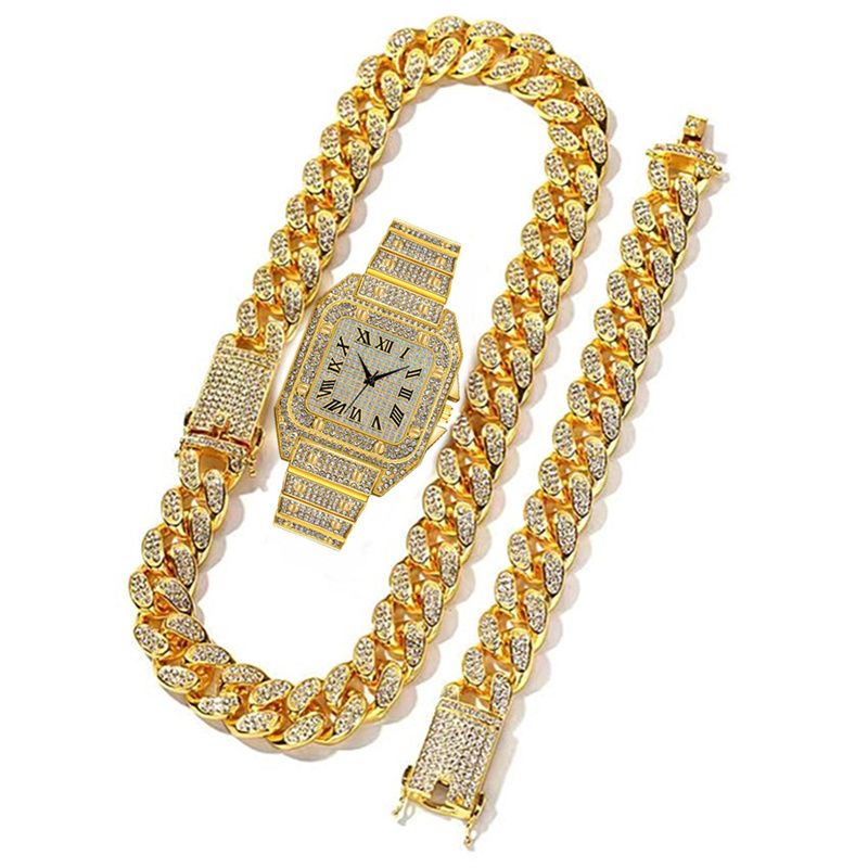 3pcs/set New Men's Watch Hip Hop Fashion Ice Watch Steel Strap Watch Bracelet Necklace Rhinestone Fashion Full Diamond Men Watches Jewelry Set