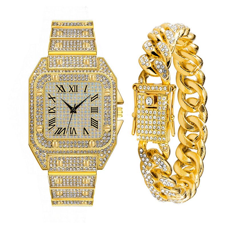 3pcs/set New Men's Watch Hip Hop Fashion Ice Watch Steel Strap Watch Bracelet Necklace Rhinestone Fashion Full Diamond Men Watches Jewelry Set