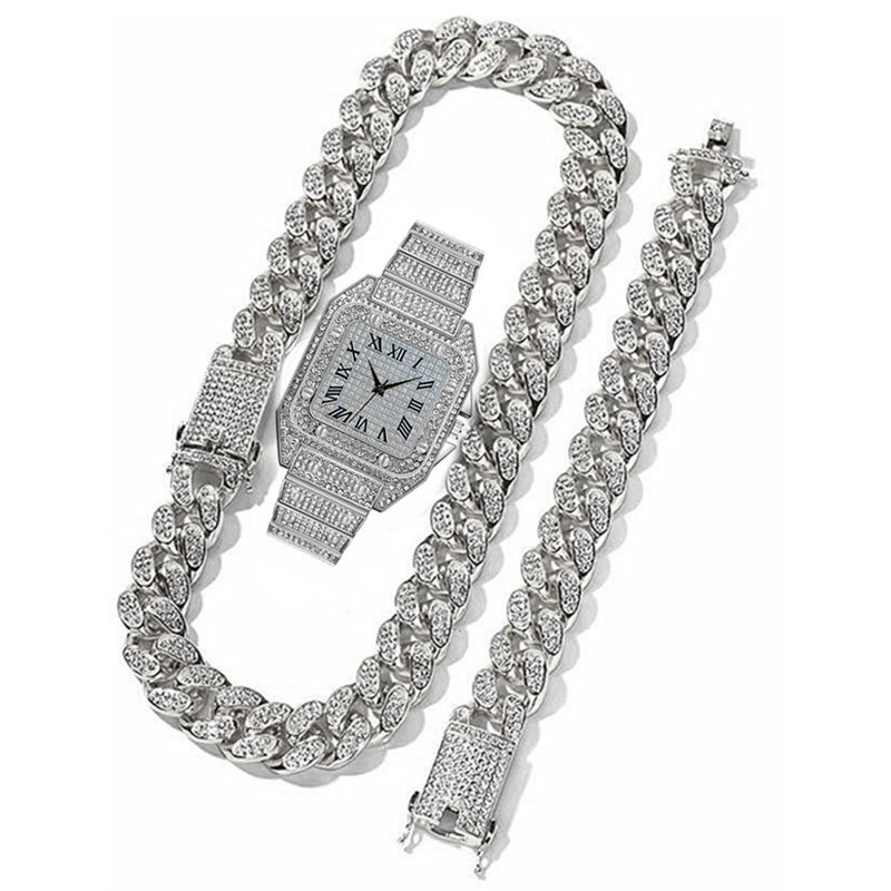 3pcs/set New Men's Watch Hip Hop Fashion Ice Watch Steel Strap Watch Bracelet Necklace Rhinestone Fashion Full Diamond Men Watches Jewelry Set