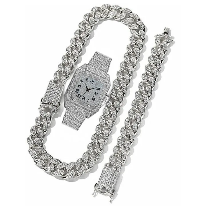 3pcs/set New Men's Watch Hip Hop Fashion Ice Watch Steel Strap Watch Bracelet Necklace Rhinestone Fashion Full Diamond Men Watches Jewelry Set