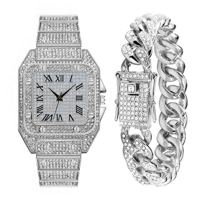 3pcs/set New Men's Watch Hip Hop Fashion Ice Watch Steel Strap Watch Bracelet Necklace Rhinestone Fashion Full Diamond Men Watches Jewelry Set