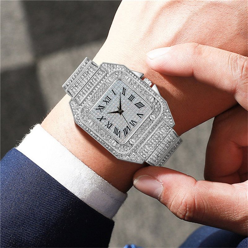 3pcs/set New Men's Watch Hip Hop Fashion Ice Watch Steel Strap Watch Bracelet Necklace Rhinestone Fashion Full Diamond Men Watches Jewelry Set