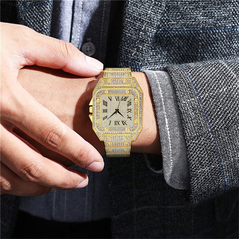 3pcs/set New Men's Watch Hip Hop Fashion Ice Watch Steel Strap Watch Bracelet Necklace Rhinestone Fashion Full Diamond Men Watches Jewelry Set