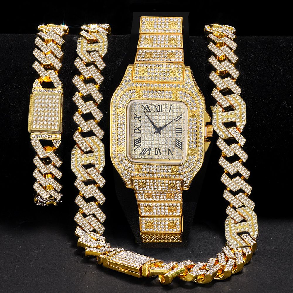 3pcs/set European and American Style Square Hip-Hop Men's Watch Bracelet Necklace Set Quartz Ice Watch Fashion Starry Sky Men Watches African Popular Fashion Jewelry Set