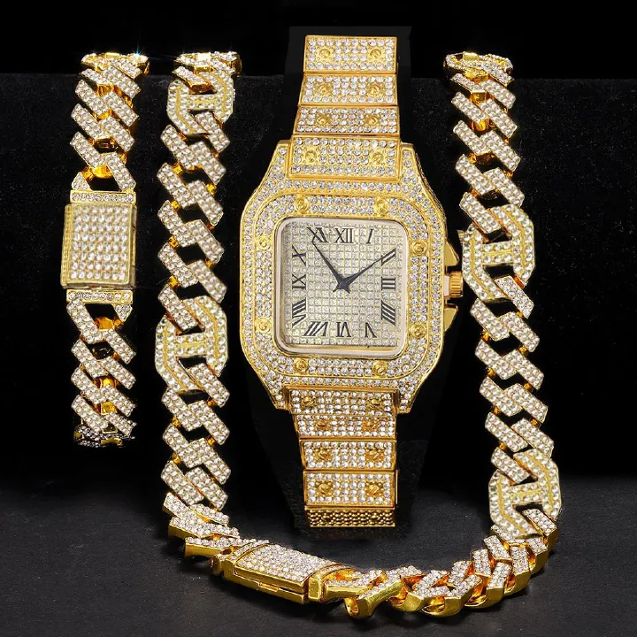 3pcs/set European and American Style Square Hip-Hop Men's Watch Bracelet Necklace Set Quartz Ice Watch Fashion Starry Sky Men Watches African Popular Fashion Jewelry Set