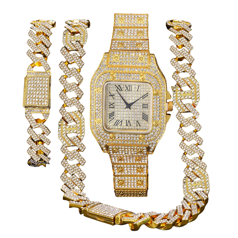 3pcs/set European and American Style Square Hip-Hop Men's Watch Bracelet Necklace Set Quartz Ice Watch Fashion Starry Sky Men Watches African Popular Fashion Jewelry Set