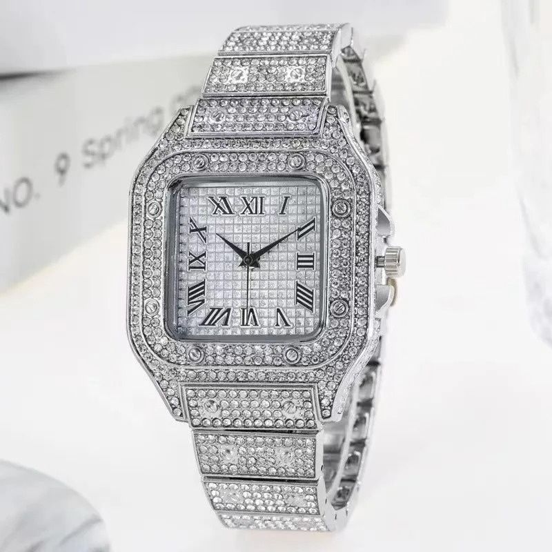 3pcs/set European and American Style Square Hip-Hop Men's Watch Bracelet Necklace Set Quartz Ice Watch Fashion Starry Sky Men Watches African Popular Fashion Jewelry Set