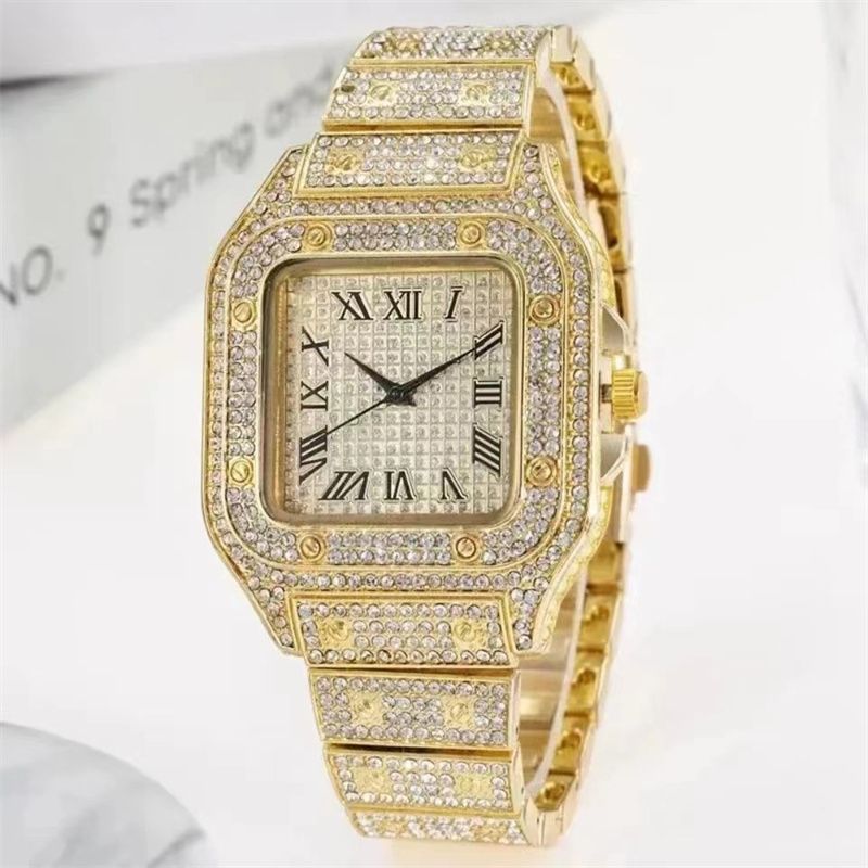 3pcs/set European and American Style Square Hip-Hop Men's Watch Bracelet Necklace Set Quartz Ice Watch Fashion Starry Sky Men Watches African Popular Fashion Jewelry Set