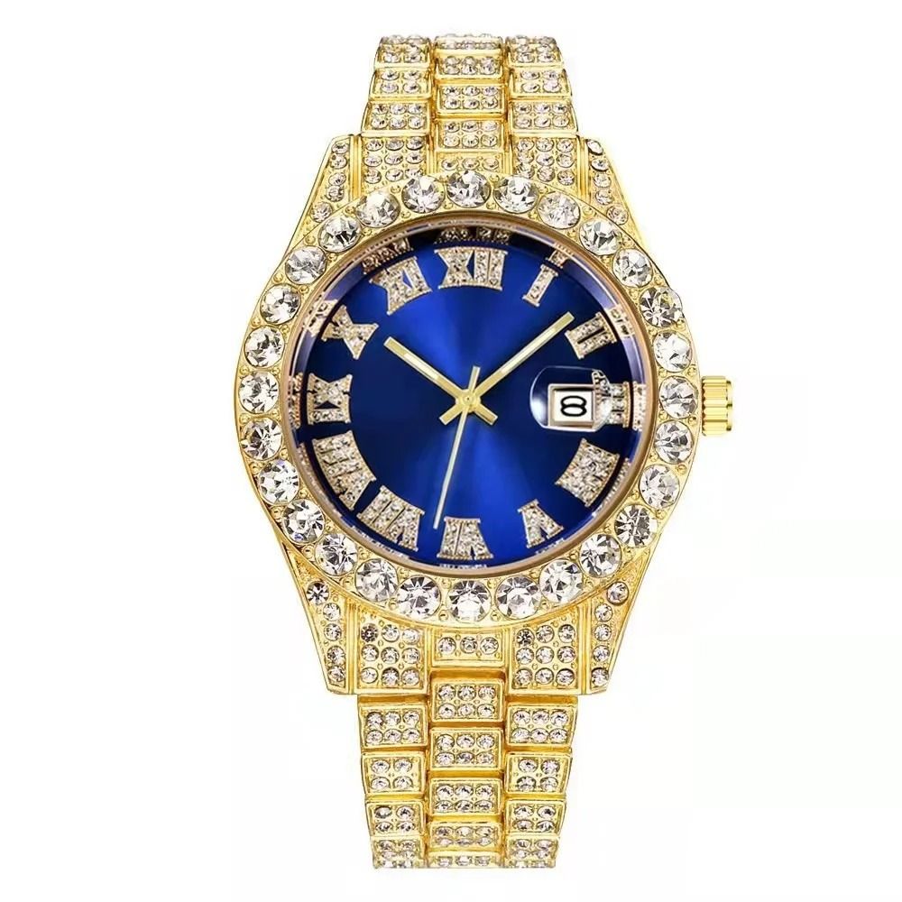 3pcs/set  Hip-hop Diamond Necklace Bracelet Men's Watch Set Gold Quartz Ice Watches Male Student Steel Band Metal Calendar Cuban Chain Set Watch