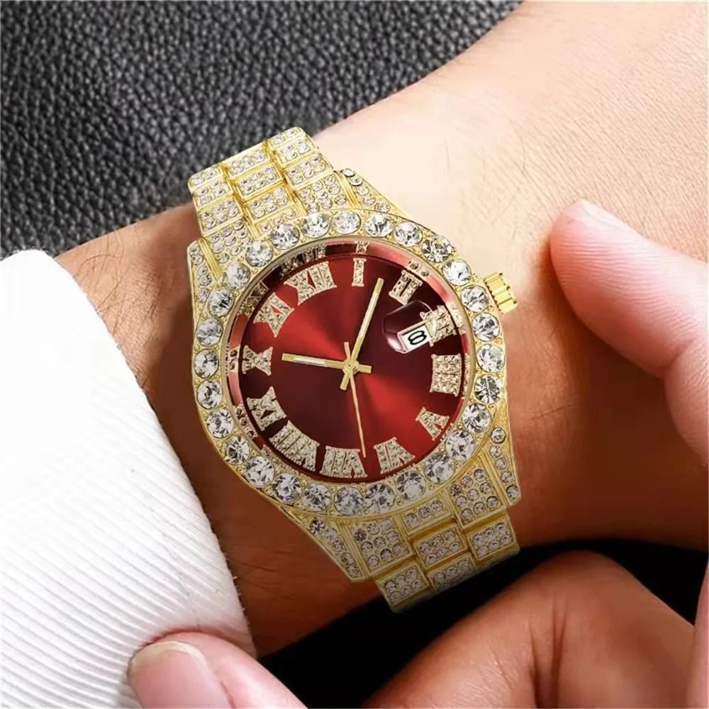 3pcs/set  Hip-hop Diamond Necklace Bracelet Men's Watch Set Gold Quartz Ice Watches Male Student Steel Band Metal Calendar Cuban Chain Set Watch
