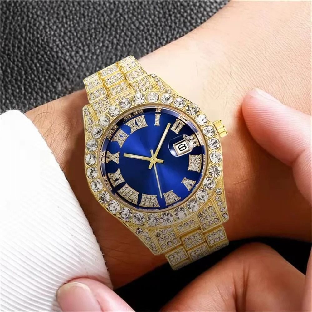 3pcs/set  Hip-hop Diamond Necklace Bracelet Men's Watch Set Gold Quartz Ice Watches Male Student Steel Band Metal Calendar Cuban Chain Set Watch