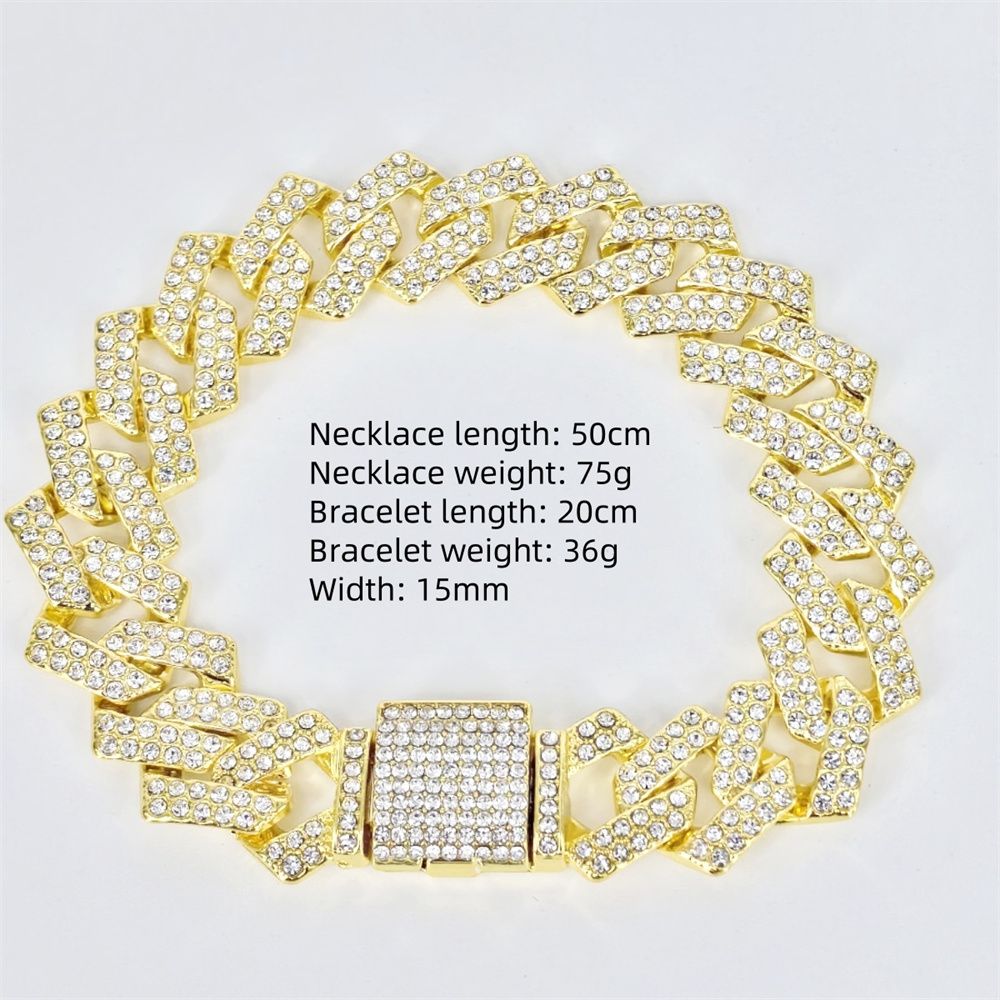 3pcs/set  Hip-hop Diamond Necklace Bracelet Men's Watch Set Gold Quartz Ice Watches Male Student Steel Band Metal Calendar Cuban Chain Set Watch