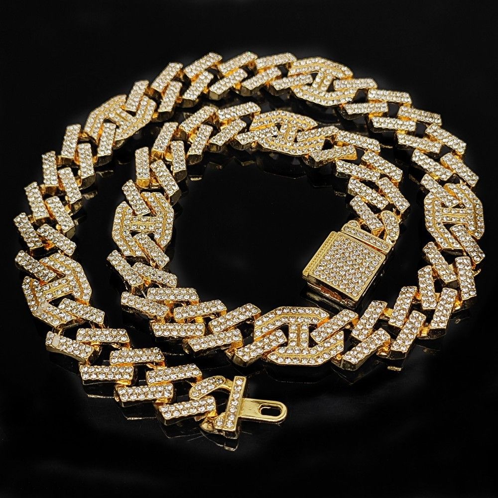 3pcs/set  Hip-hop Diamond Necklace Bracelet Men's Watch Set Gold Quartz Ice Watches Male Student Steel Band Metal Calendar Cuban Chain Set Watch