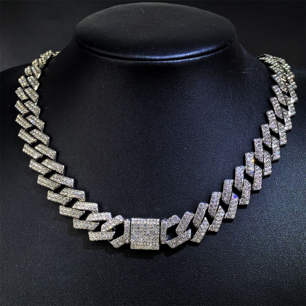 3pcs/set Hip-hop Diamond Necklace Bracelet Men's Watch Set Silver Quartz Ice Watch Male Student Steel Band Metal Calendar Cuban Chain Set Watch