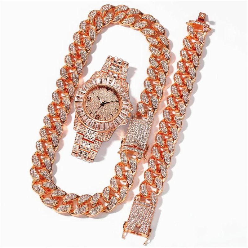 3pcs/set European and American Style Hip-hop Men's and Women's Full Diamond Quartz  Watch Bracelet Necklace Set Retro Versatile Diamond Trendy Men's Watch Set
