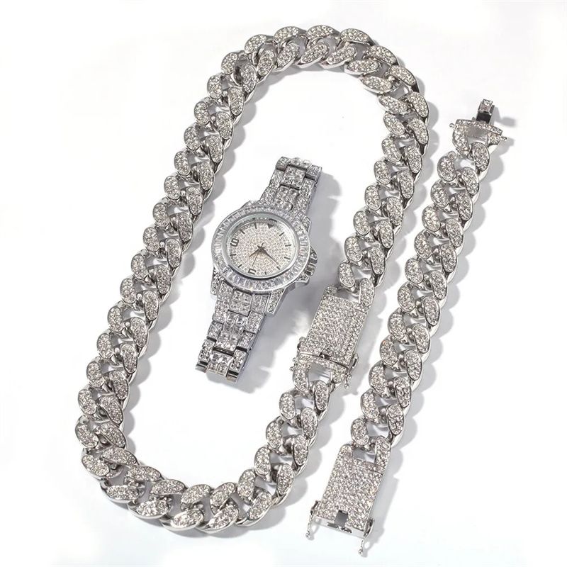 3pcs/set European and American Style Hip-hop Men's and Women's Full Diamond Quartz  Watch Bracelet Necklace Set Retro Versatile Diamond Trendy Men's Watch Set