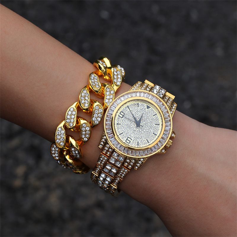 3pcs/set European and American Style Hip-hop Men's and Women's Full Diamond Quartz  Watch Bracelet Necklace Set Retro Versatile Diamond Trendy Men's Watch Set