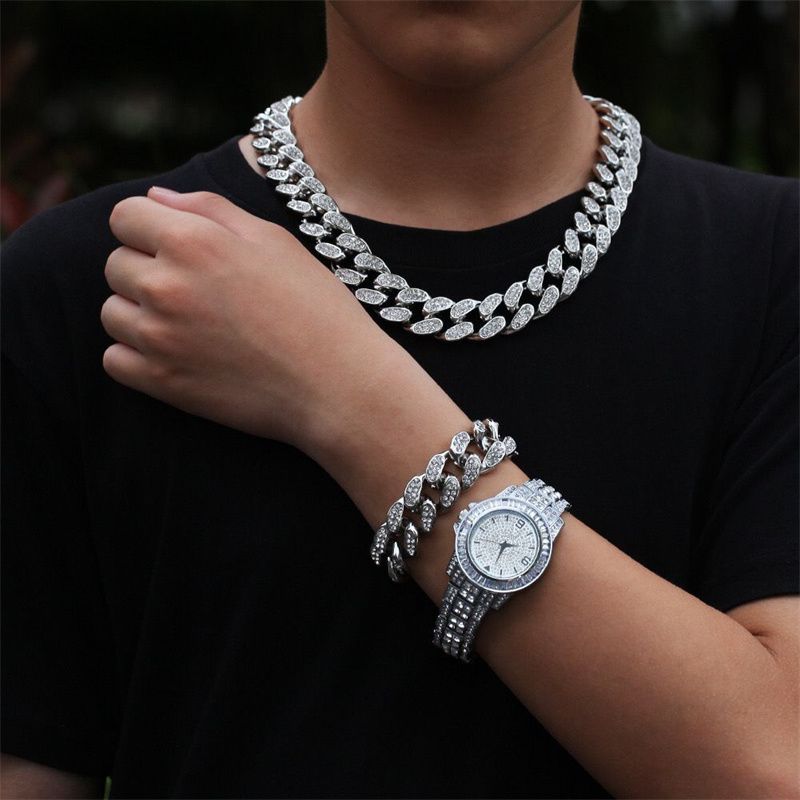 3pcs/set European and American Style Hip-hop Men's and Women's Full Diamond Quartz  Watch Bracelet Necklace Set Retro Versatile Diamond Trendy Men's Watch Set