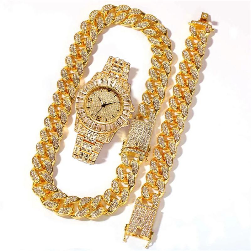 3pcs/set European and American Style Hip-hop Men's and Women's Full Diamond Quartz  Watch Bracelet Necklace Set Retro Versatile Diamond Trendy Men's Watch Set