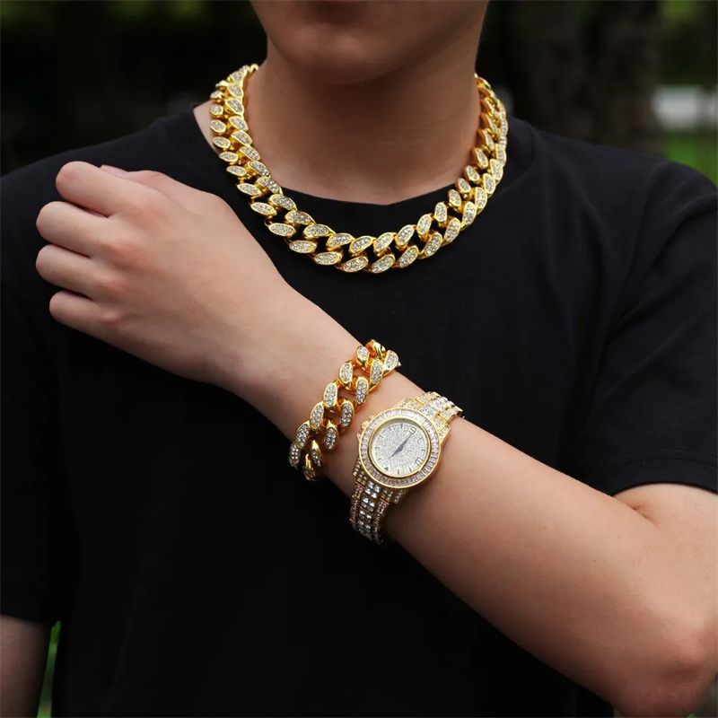 3pcs/set European and American Style Hip-hop Men's and Women's Full Diamond Quartz  Watch Bracelet Necklace Set Retro Versatile Diamond Trendy Men's Watch Set