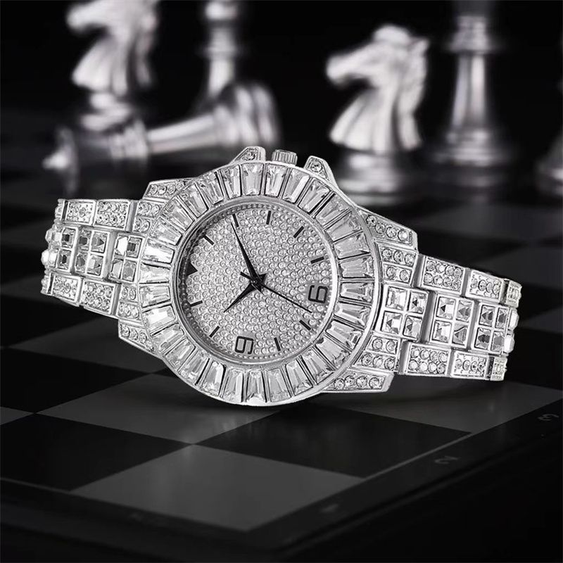 3pcs/set European and American Style Hip-hop Men's and Women's Full Diamond Quartz  Watch Bracelet Necklace Set Retro Versatile Diamond Trendy Men's Watch Set