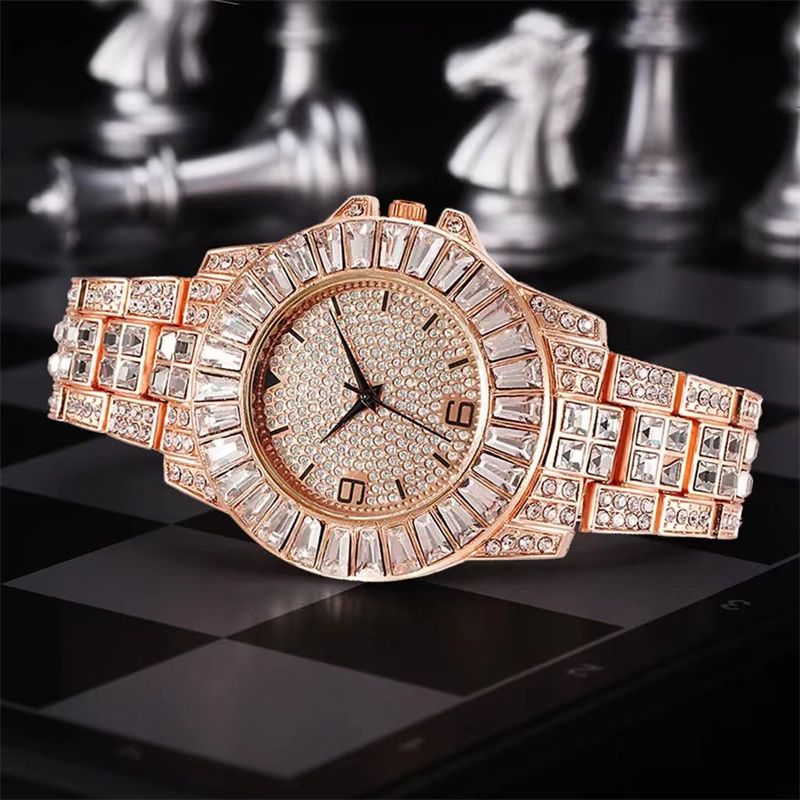 3pcs/set European and American Style Hip-hop Men's and Women's Full Diamond Quartz  Watch Bracelet Necklace Set Retro Versatile Diamond Trendy Men's Watch Set