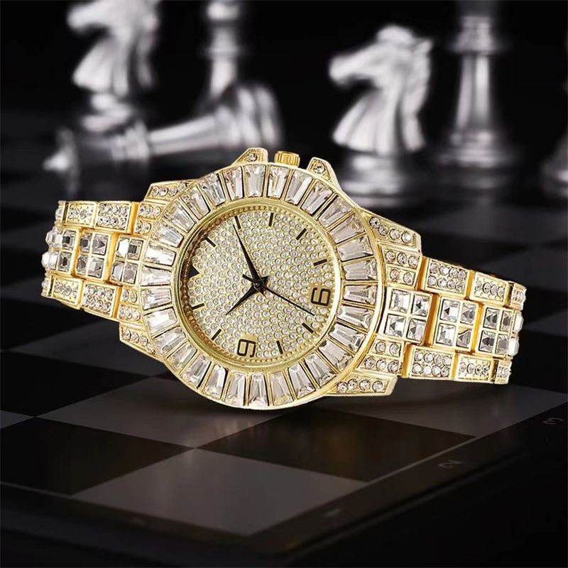 3pcs/set European and American Style Hip-hop Men's and Women's Full Diamond Quartz  Watch Bracelet Necklace Set Retro Versatile Diamond Trendy Men's Watch Set