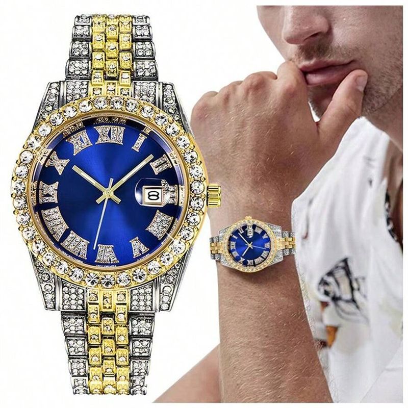 3pcs/set European and American Hip-hop Men's Watch Bracelet Necklace Fashion Roman Pattern Full Diamond Calendar Quartz Watch High-quality Diamond Inlaid Cuban Chain Men's Women' Ice Watch Jewelry Set